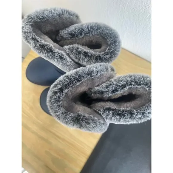 Lamo NWOT Alma Boots Fur Lined Navy Brown Stitching Mid Calf Size 8 - Picture 4 of 4